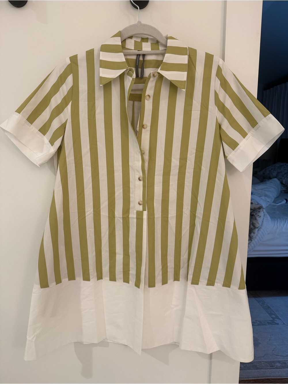 Anthropologie Striped Short-Sleeve Shirt Dress in Chartreuse and White Size XS